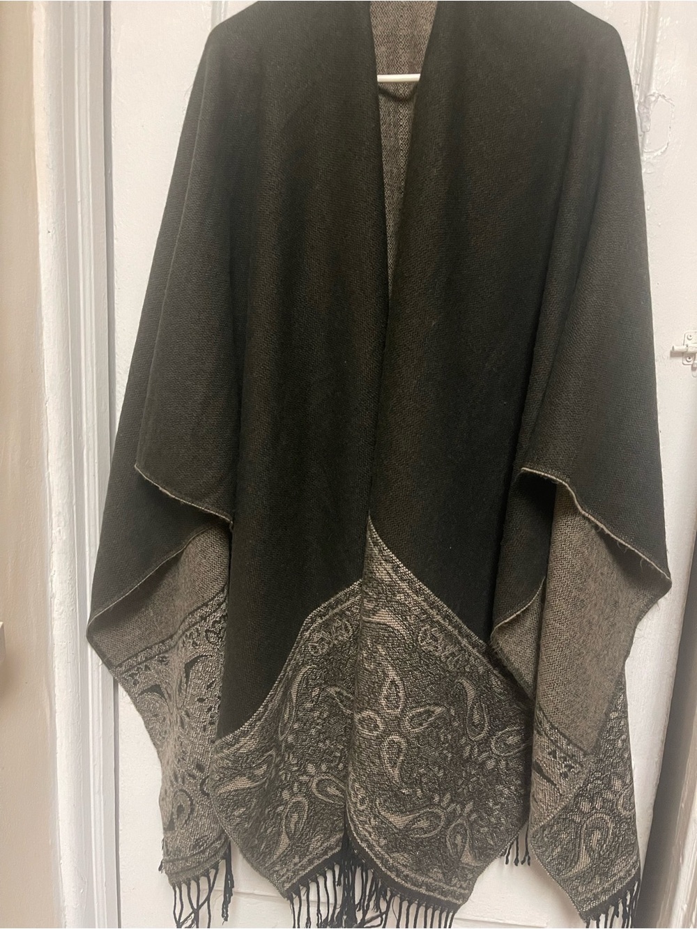 Elegant Black & Taupe Paisley Shawl Poncho